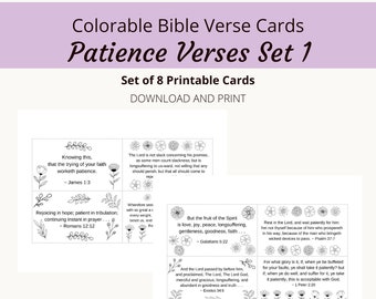 Patience Verses Bible Verse Cards | Set 1, 8 Verses | Colorable Floral Theme | Words of Faith Series | PDF, Letter size (8.5x11) |