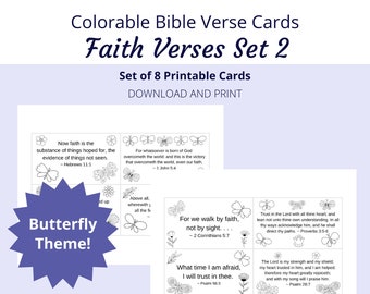 Faith Verses Bible Verse Cards | Set 2, 8 Verses | Colorable Butterfly Theme | Words of Faith Series | PDF, Letter size (8.5x11) |