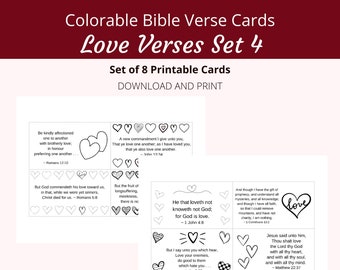 Love Verses Bible Verse Cards | Set 4, 8 Verses | Colorable Hearts Theme | Words of Faith Series | PDF, Letter size (8.5x11)