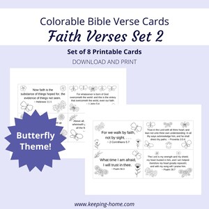 Cartões de versículos bíblicos Faith Verses | Conjunto 2, 8 versículos | Tema de borboleta para colorir | Série Palavras de Fé | PDF, tamanho carta (8,5x11) |