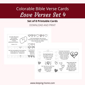 Tarjetas de versículos bíblicos de amor / Juego de 4, 8 versículos / Corazones para colorear / Serie Palabras de fe / PDF, tamaño carta (8,5 x 11)