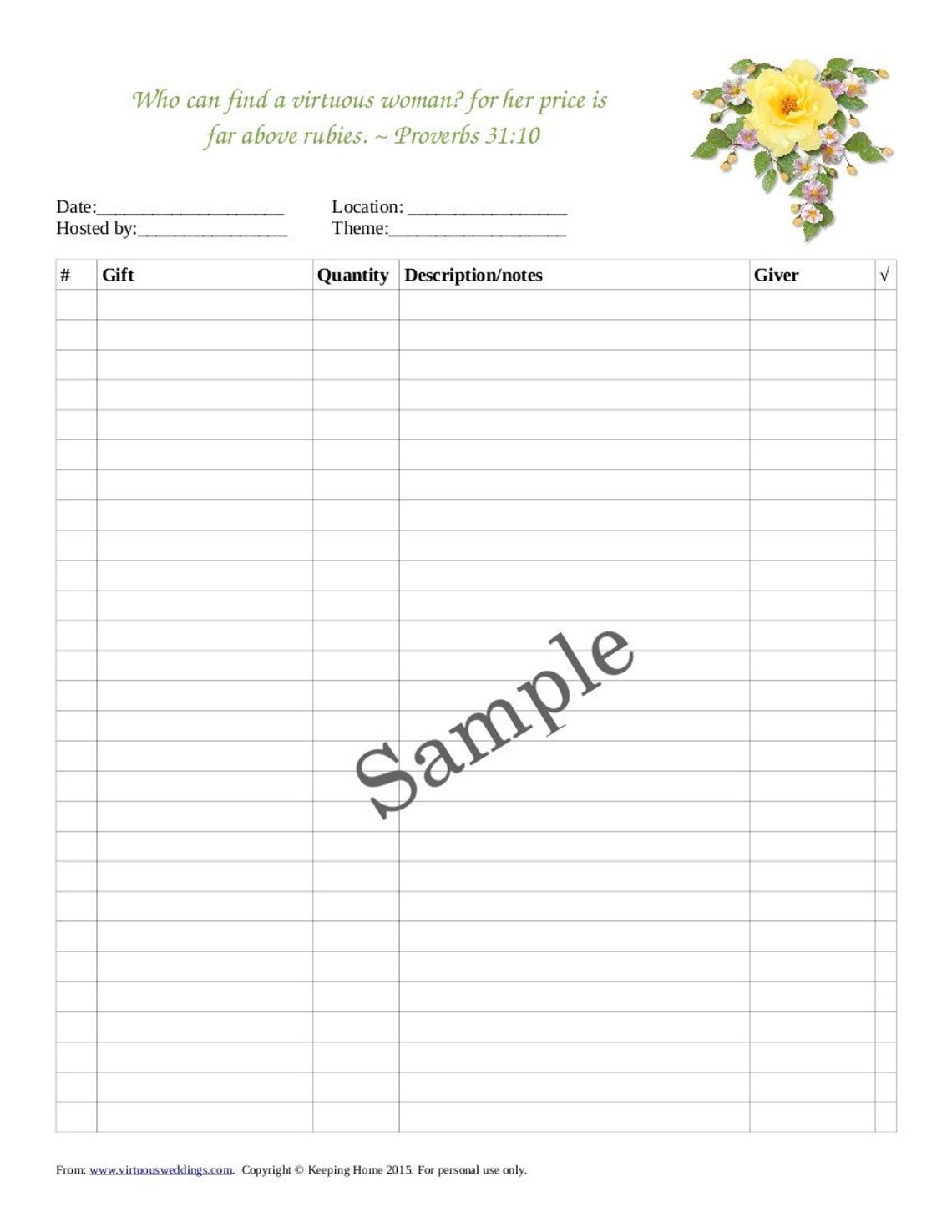 Proverbs 31 Gift Record Sheet Wedding Bridal Shower Wedding Etsy