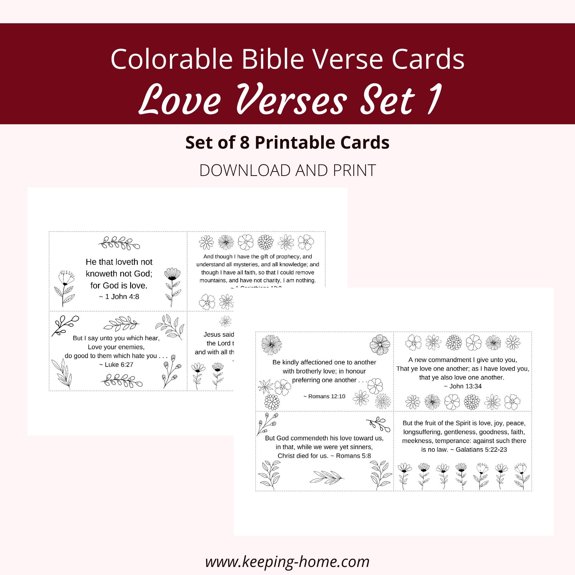 Love Verses Bible Verse Cards | Set 1, 8 Verses | Colorable Floral ...