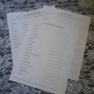 May include: A printable worksheet with a word search puzzle and a word scramble puzzle. The word search puzzle is titled "A Virtuous Woman Word Find" and the word scramble puzzle is titled "Proverbs 31 Word Scramble #2".