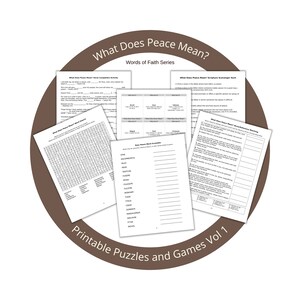 Conjunto de juegos bíblicos imprimibles / Juegos y rompecabezas de la paz Vol 1 / ¿Qué significa la paz? / Serie Palabras de Fe / PDF, Tamaño carta (8.5x11) /Título