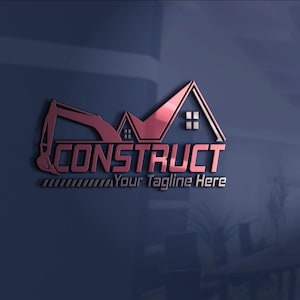 May include: A red and black logo for a construction business. The logo features an excavator, a house silhouette, and the word "CONSTRUCT" in bold letters. The tagline "Your Tagline Here" is below.