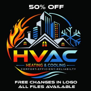 Könnte beinhalten: Grafisches Logo für HLK-Dienstleistungen, mit einer Häusersilhouette, Flammen und einer Schneeflocke, die Heizen und Kühlen repräsentieren. Der Text lautet "HVAC Heating & Cooling" mit den Zusätzen: "50% OFF", "FREE CHANGES IN LOGO" und "ALL FILES AVAILABLE".