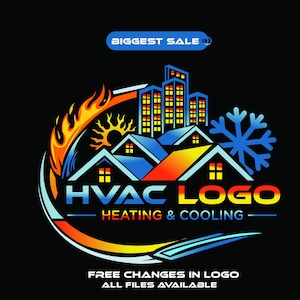 May include: A colorful HVAC logo design on a black background. The logo features stylized illustrations of buildings, a sun, a flame, and a snowflake. Text includes "HVAC LOGO", "HEATING & COOLING", "BIGGEST SALE", "FREE CHANGES IN LOGO", and "ALL FILES AVAILABLE".