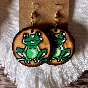 Double Sided Wood Burned Frog Earrings (1.5 inch Round)