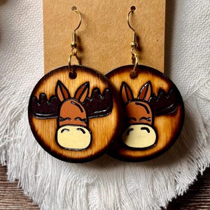 Double Sided Wood Burned Moose Earrings (1.5 inch Round)