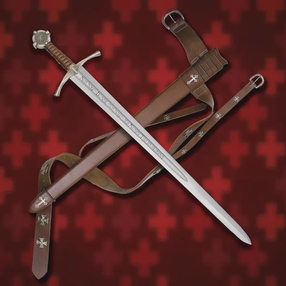 Handmade Knights Templar Sword: High Carbon Steel, Leather Scabbard