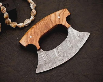 Handmade Damascus Ulu Knife, Olive Wood Handle, Traditional Chef Cooking Tool