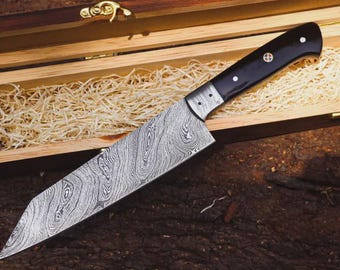 Cuchillo de chef de acero de Damasco hecho a mano / Cuchillo de cocina profesional de 13 pulgadas en caja de madera / Regalo para chef, juego de utensilios de cocina.