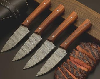 Handgemaakte damaststalen steakmessen | Gepolijst houten handgrepen, 4-delige set