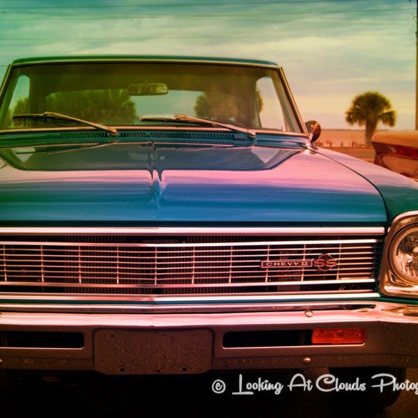 classic car art, classic Chevy art, Chevy II SS, Chevrolet, vintage car photo, Nova 1966, cruising, 60s muscle car, garage art