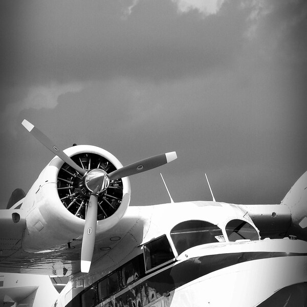 Grumman Goose amphibian airplane photo, aviation art, black and white vintage airplane art