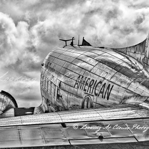 DC-3, American Airlines, vintage airplane art, black and white aviation photo, pilot gift, boys room, airplane picture