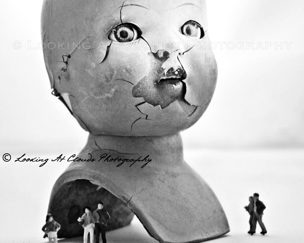 broken doll head, creepy doll art photo with miniatures, freak show, creepy art for cool kids