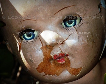 Broken Doll Head Art Photograph, Luminous Blue Eyes, Spooky Decor