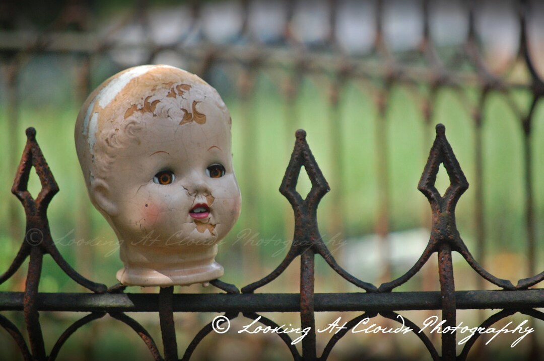 Decapitated Doll Head on a Cemetery Fence Art Photo, Creepy Cool Doll