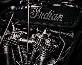 Indian motorcycle engine detail,  vintage motorcycle art photo, V-twin, Indian bike, biker art, motorcycle decor