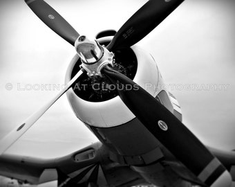 airplane art, aviation photography, black and white Corsair propeller, vintage airplane, pilot gift, airplane decor, boys room