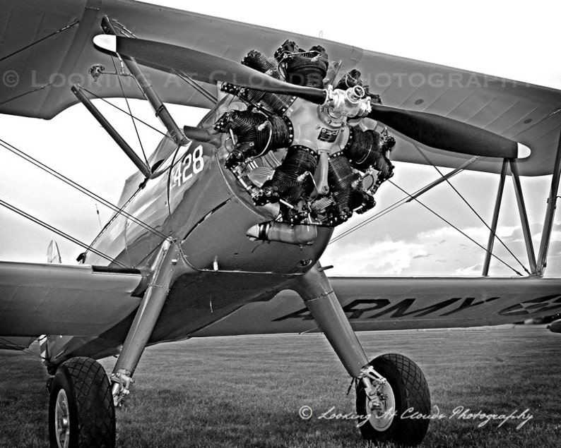 biplane, Stearman, vintage airplane art, aviation photography, pilot gift, propeller, round engine, boys room image 1