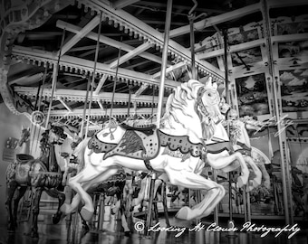 carousel art photo, vintage carnival, carousel horses black and white photograph, Balboa Park San Diego