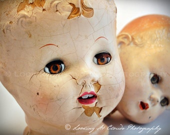 doll heads with brown eyes art photo, broken doll photograph, shabby chic, antique doll heads, old toys