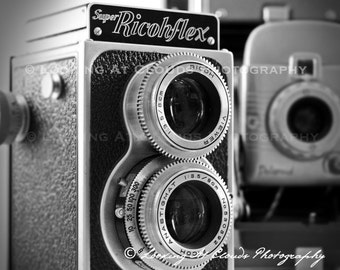 vintage cameras black and white art photo, Polaroid  Ricohflex, photographer gift, retro wall decor, vintage art