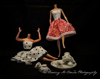 Tea Party Tantrum, funny Barbie art photo, headless dolls, Barbies, not so creepy doll art