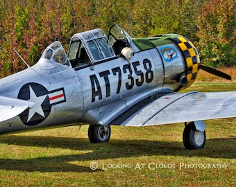 May include: A silver and green vintage airplane with a black star and red stripe on the side. The tail number AT7358 is painted on the side of the plane. The plane is parked on a grassy field.