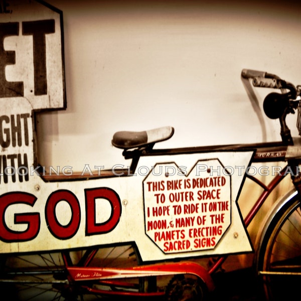 bicycle art, outsider art, campy folk art photo, bike photograph, outer space message, Get right with God