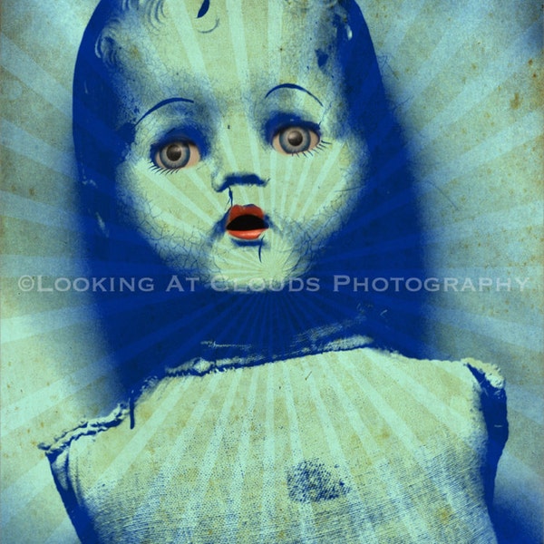 haunting blue eyed doll art photo, spooky creepy creepy doll art, zombie doll sees your soul, Halloween is coming!