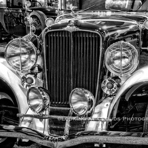 1932 Auburn, antique car photo, black and white classic car art, hood ornament, 30s vintage antique car decor
