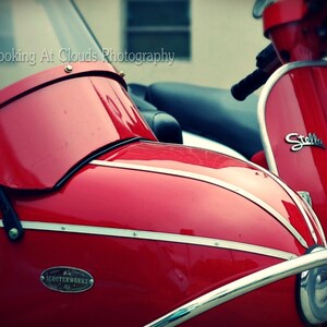 red Stella with sidecar art photo, Vespa scooter, Italian scooter, urban photography, chrome scooter art