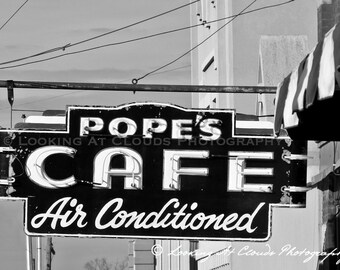 diner art photo, Pope's Cafe, black and white art, retro diner decor, restaurant art, diner sign