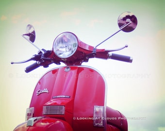 Red Stella Scooter Art Photo, Retro Italian Scooter, City Chic Decor, Vespa