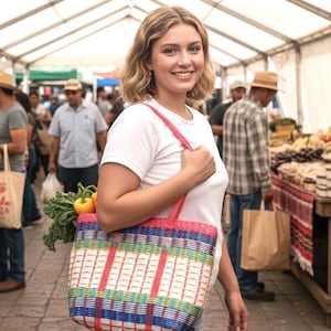 Puede incluir: Una mujer lleva un bolso tote tejido colorido lleno de productos en un mercado al aire libre. El bolso tiene una parte superior y un asa rojas, con un patrón de rayas azules, verdes y blancas. El mercado está lleno de gente.