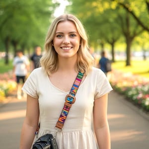 Pode incluir: Uma mulher sorri, segurando uma câmera com uma alça colorida, em um parque. Ela veste um vestido creme. O caminho é ladeado por árvores e canteiros de flores, com pessoas ao fundo.
