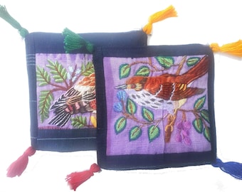 13x13 Cm Hand Embroidered COTTON Textile GUATEMALAN Birds COASTER - Pretty Ornament Square Coaster