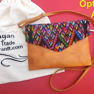 Aesthetic Woman Guatemalan Leather Huipil CROSSBODY Wristlet CLUTCH ENVELOPE - 100% Cotton Lining Purse