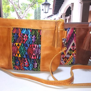 Aesthetic Woman Guatemalan Leather Huipil CROSSBODY Wristlet CLUTCH PURSE - 100% Cotton Lining Purse