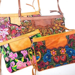 Aesthetic Woman Guatemalan Leather Huipil CROSSBODY Wristlet CLUTCH PURSE - 100% Cotton Lining Purse