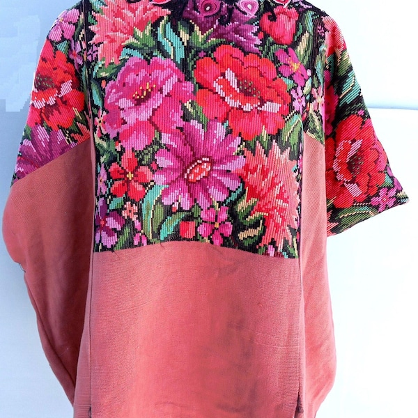 Vintage guatemalansk unik handgjord blommig Chichicastenango bomullshuipil