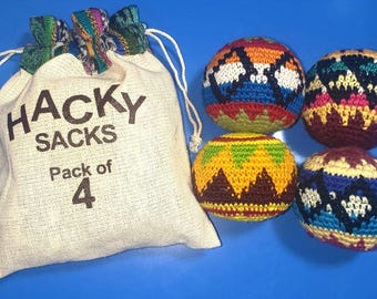 Juego de 4 pelotas de malabares guatemaltecas hechas a mano, de algodón tejido a crochet, con bolsa de almacenamiento.