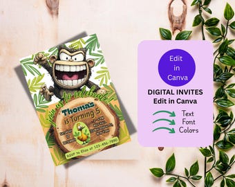 May include: A birthday invitation featuring a cartoon monkey with a wide grin. The invitation includes the text "Thomas is Turning 5" and event details. A purple graphic on the right says "Edit in Canva" and "Digital Invites".