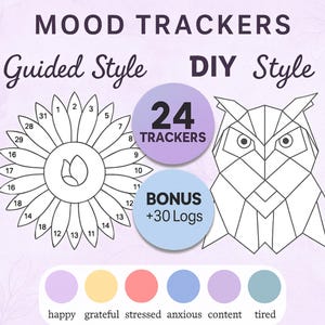 May include: A digital print featuring mood trackers in "Guided Style" and "DIY Style." The design includes a sunflower and an owl, with the text "24 TRACKERS" and "BONUS +30 Logs." Color swatches represent emotions like happy and tired.