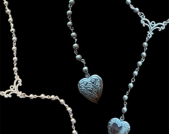Hand Beaded Silver Antique Vintage Style Inspired Rosary Heart Locket