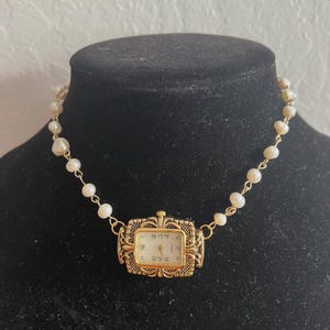 18k Gold Freshwater Pearl Upcycled Boho Antique Clock Watch Necklace Choker
